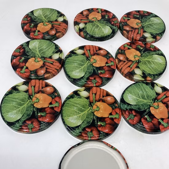 Top Grade Stocking 66mm 77mm 90mm 100mm PVC Lining Tinplate Lug Glass Storage Jar Lid with Customized Sticker